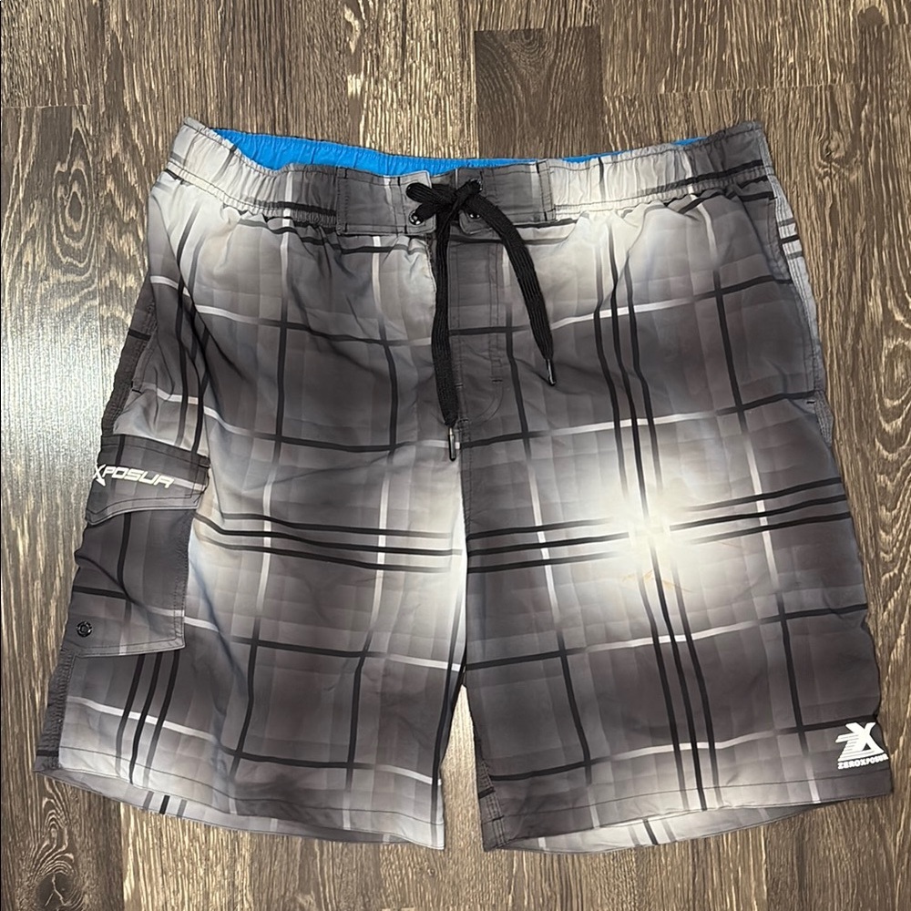 ZeroXposur Men's Gray Swim Shorts with bright blue waistband size XL